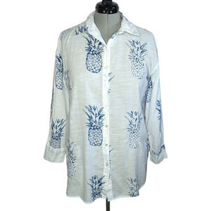 Blue Island Embroidered Pineapple Print Button Up Tunic Beach Coverup Shirt